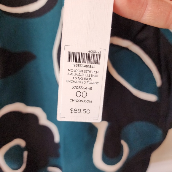 NWT Chico's No Iron Stretch Scroll Print Shirt Size 0 XS  Green and Black - Picture 7 of 10